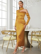 High Neck Long Sleeve Maxi Side Slit Bandage Dress